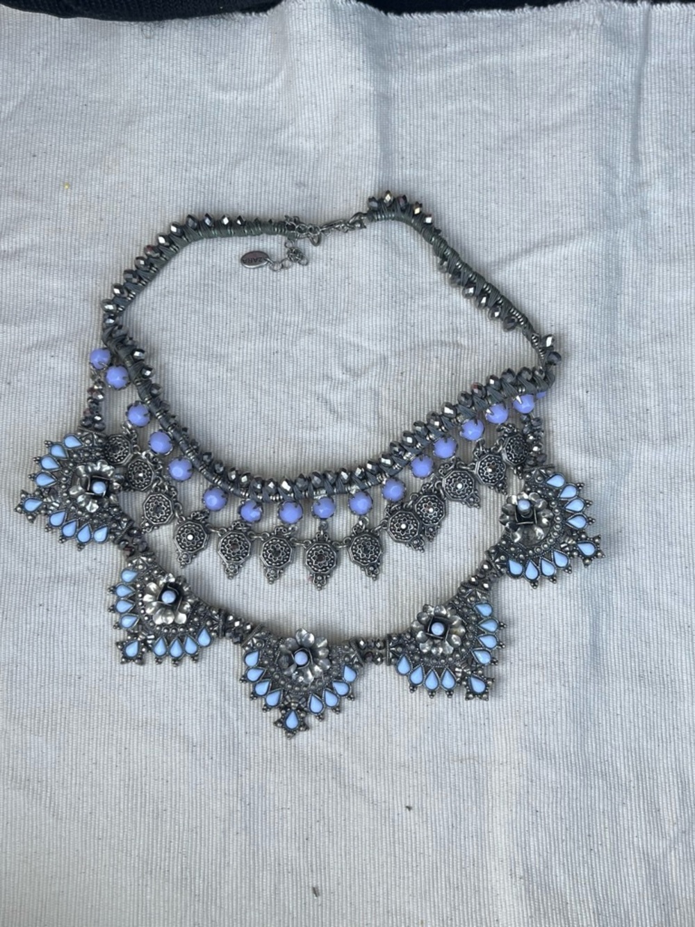 Statement Silver-Tone Bib Necklace with Lavender Accents